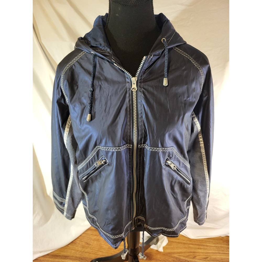 NWT Vintage Y2K 5-7-9 Navy Blue Polyurethane Jacket Furturistic Size XS